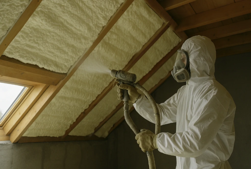 Opérateur en combinaison et masque projetant de la mousse polyuréthane entre les chevrons d'un rampant de toiture