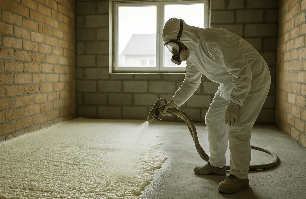 Opérateur en combinaison et masque respiratoire projetant de la mousse polyuréthane sur le sol d'une pièce en briques