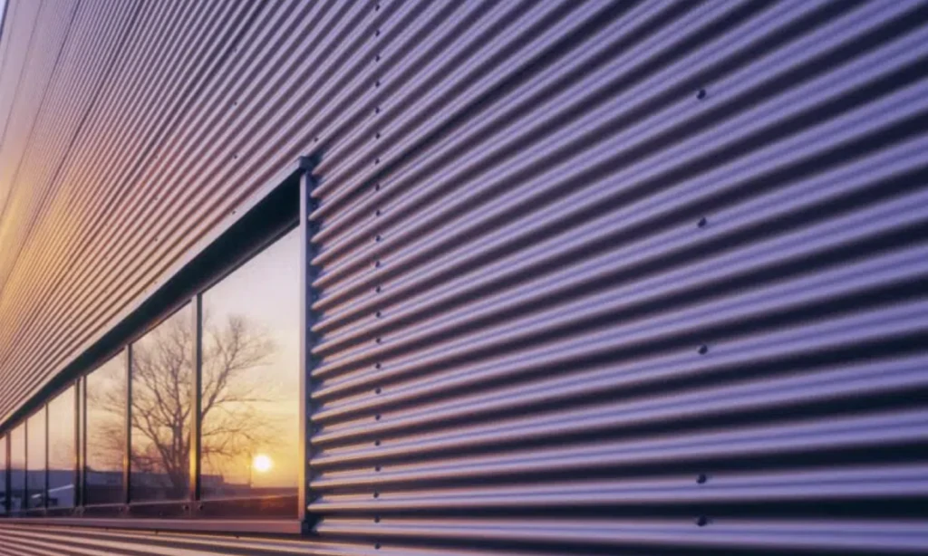 Façade en tôle métallique ondulée posée à l'horizontale, percée d'un bandeau vitré reflétant un arbre et le soleil couchant