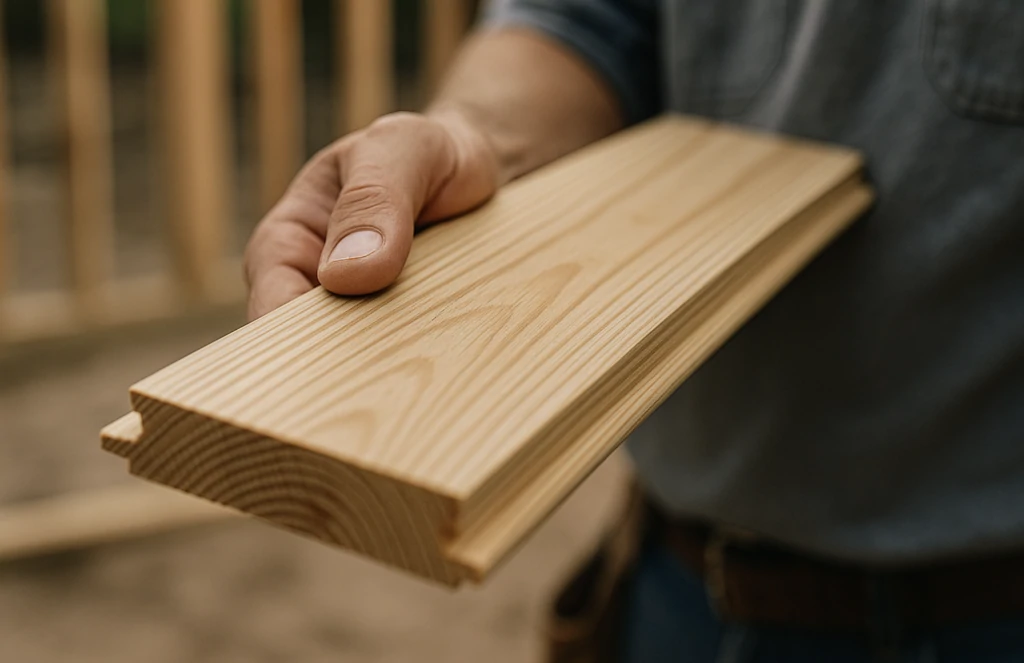 Main d'artisan présentant une lame de clin en bois clair à profil rainure et languette, sur fond de chantier