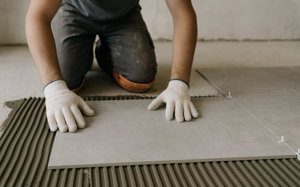 Carreleur à genoux en gants blancs posant un grand carreau gris sur un lit de colle strié, croisillons en place