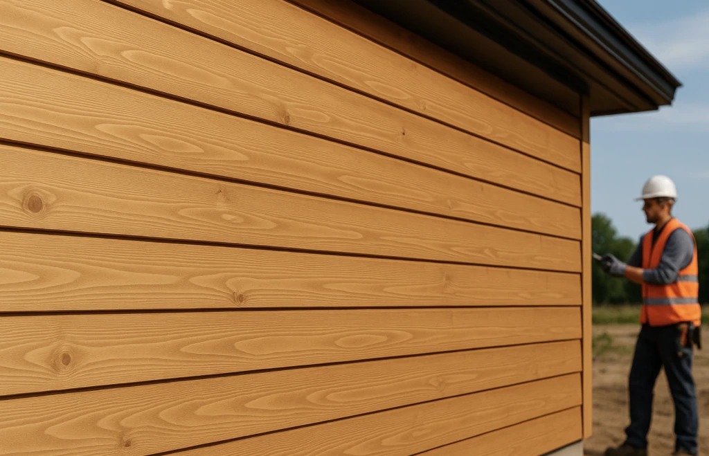 Façade habillée d'un bardage en lames de bois horizontales, un ouvrier casqué en gilet orange à l'arrière-plan