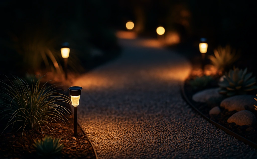Allée de gravier sinueuse tenue par des bordures, éclairée de nuit par des bornes lumineuses entre graminées et rochers