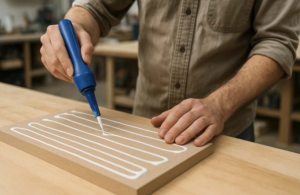 Artisan encollant un panneau de MDF d'un cordon de colle blanche en serpentin, sur l'établi d'un atelier de menuiserie