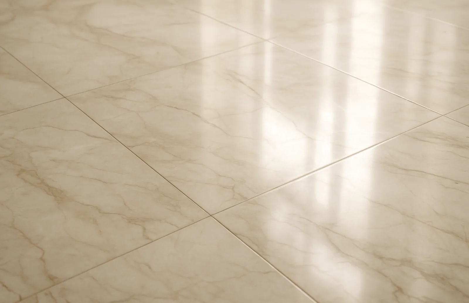 cristtalistion du carrelage Sol en marbre poli brillant avec reflets doux et veines délicates, mis en valeur par une lumière naturelle grâce a la cristallisation du carrelage.