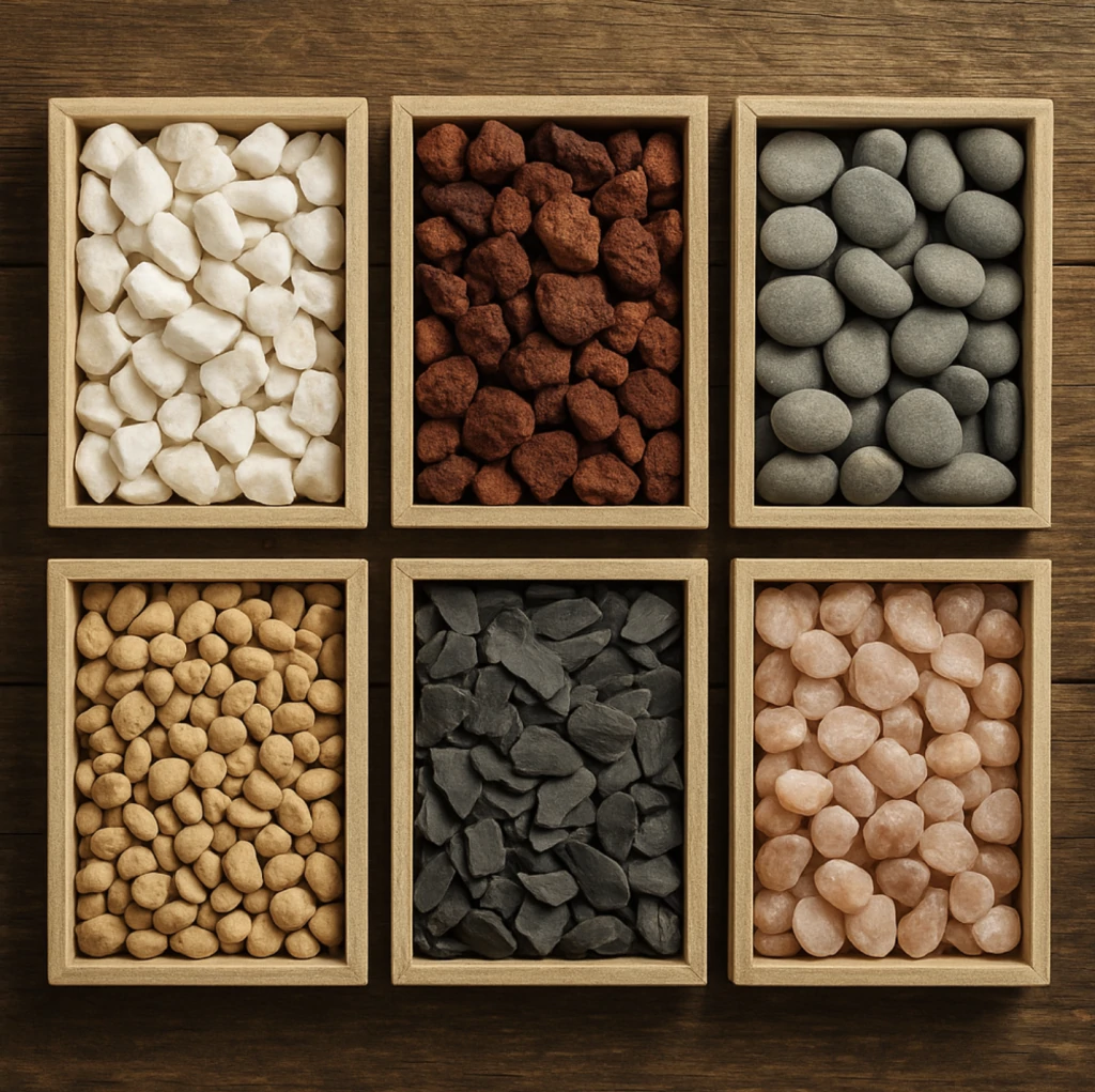 Six bacs de graviers décoratifs : marbre blanc, pouzzolane rouge, galets gris et roses, gravier beige, ardoise noire