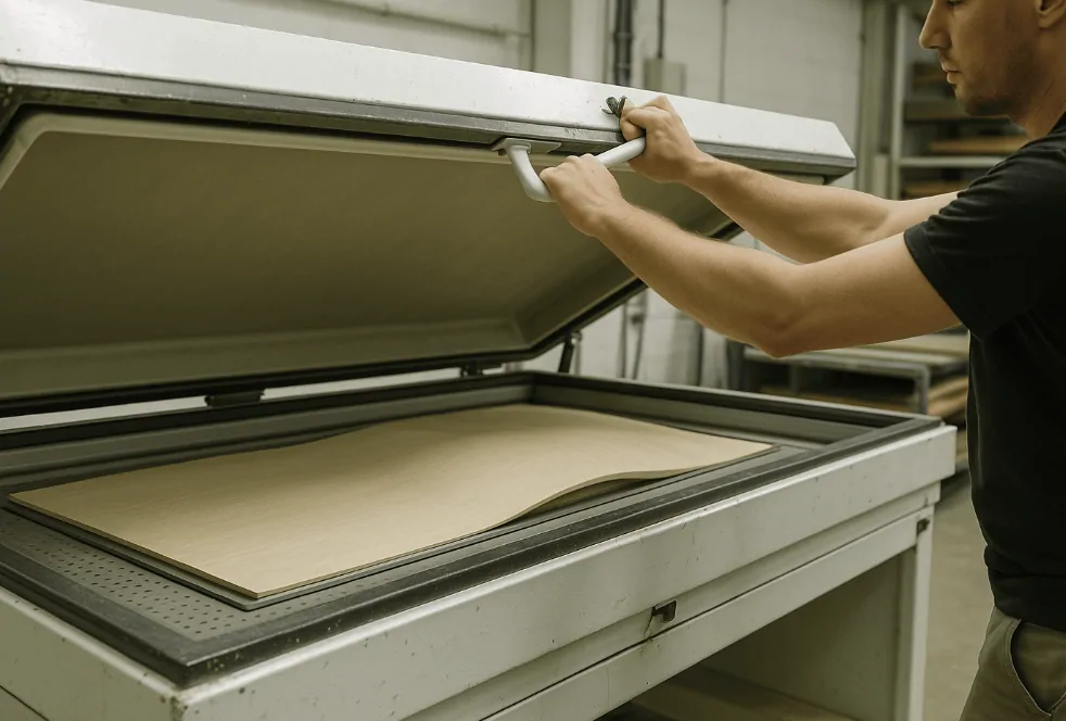 Opérateur soulevant le couvercle d'une presse sous vide où repose une feuille de placage bois, dans un atelier
