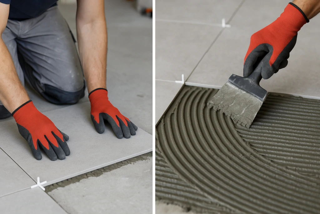 Deux vues d'une pose de carrelage : carreleur aux gants rouges calant un carreau gris, et spatule crantée étalant la colle