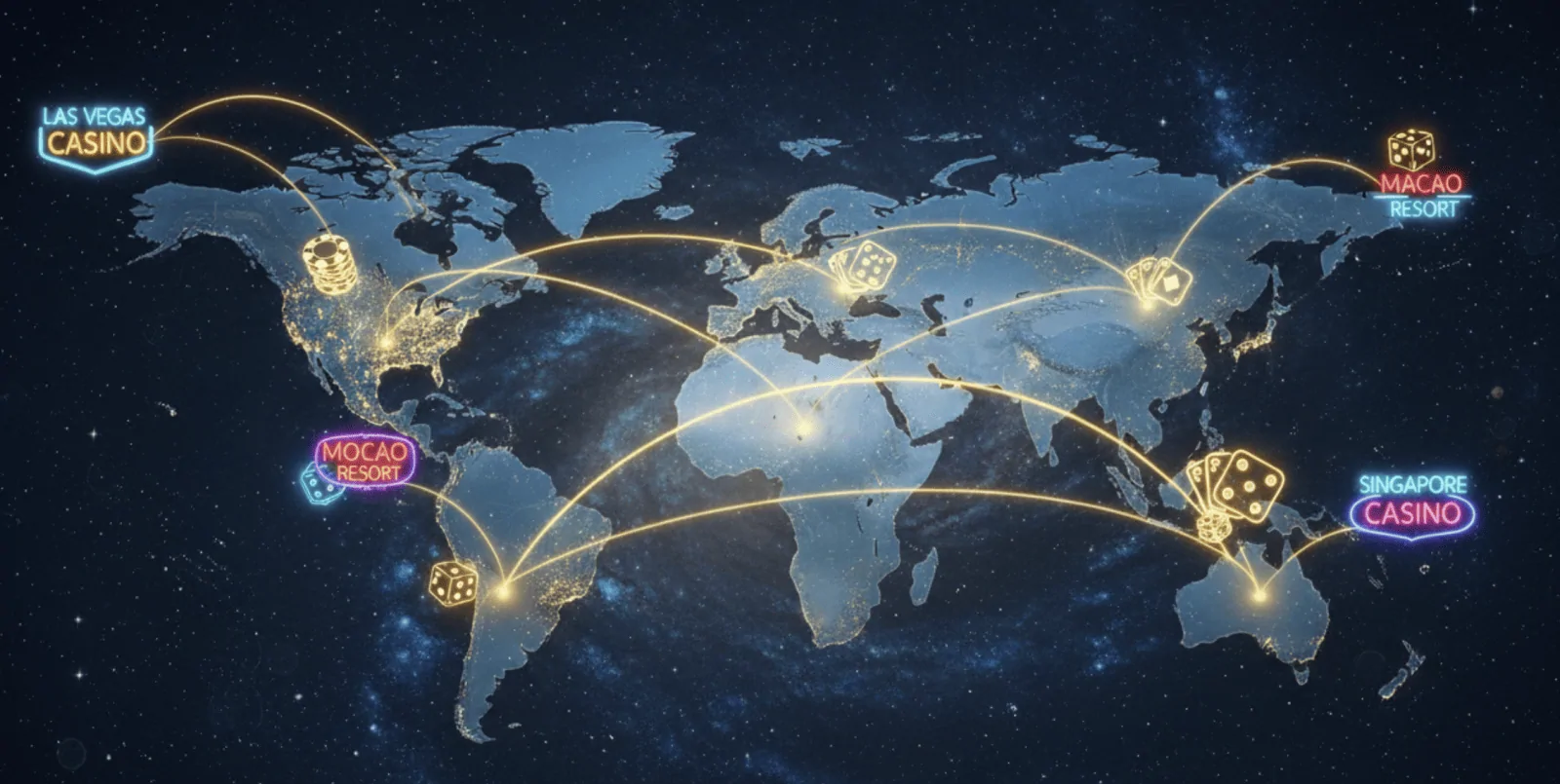 Capture d’écran 2025-10-24 à 15.48.47 Carte du monde nocturne reliant par des arcs lumineux des enseignes néon de casinos, dont Las Vegas, Macao et Singapour