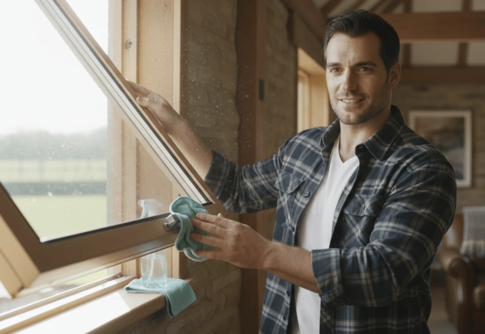 Comment basculer un Velux pour nettoyer la vitre extérieure ? Homme en chemise à carreaux essuyant au chiffon la vitre extérieure d'une fenêtre de toit en bois basculée vers l'intérieur