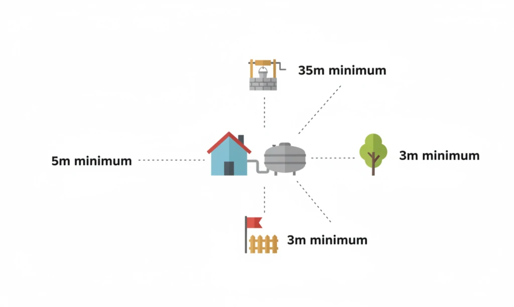Infographie des distances minimales d'une fosse septique : 35 m d'un puits, 5 m de la maison, 3 m des limites et des arbres