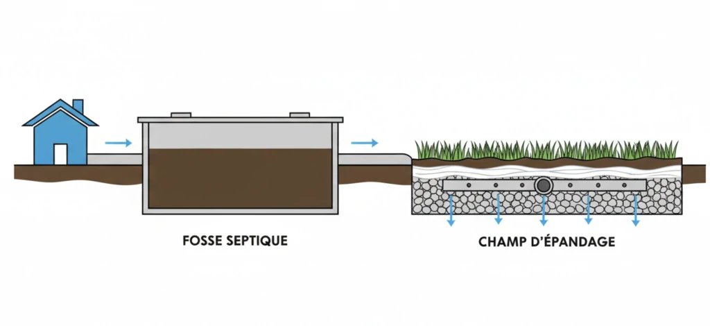 Schéma d'une installation par épandage : maison, fosse septique, puis drain perforé diffusant l'eau dans un lit de graviers