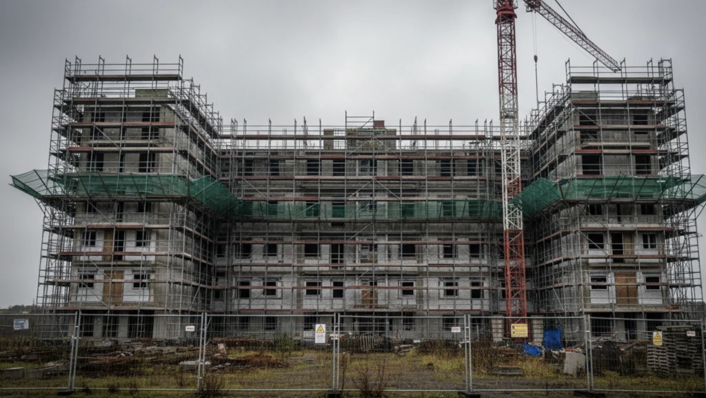 Chantier d'immeuble à l'arrêt sous des échafaudages déserts, avec une grue rouge et des herbes folles derrière les barrières
