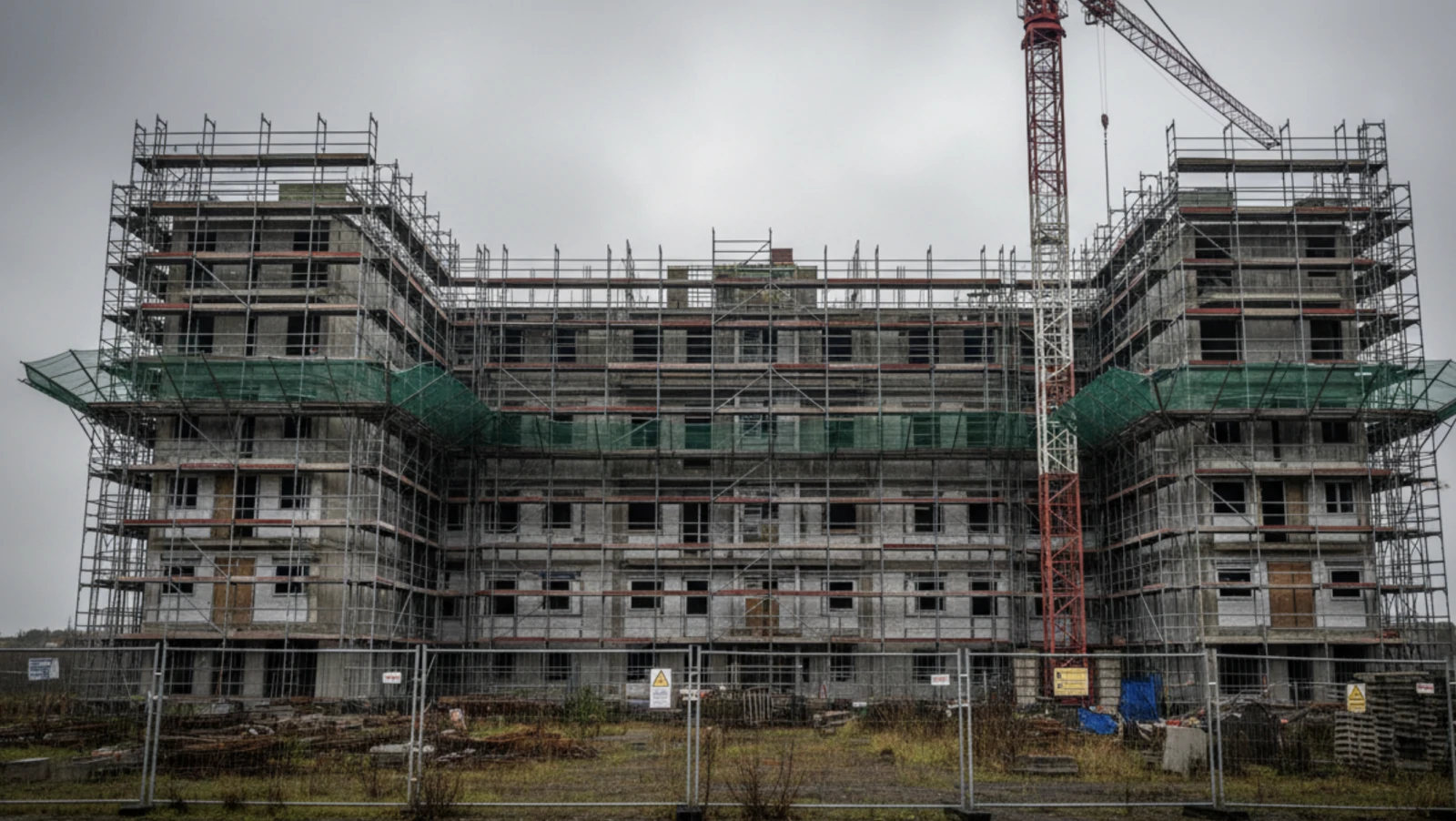 Chantier d'immeuble à l'arrêt sous des échafaudages déserts, avec une grue rouge et des herbes folles derrière les barrières