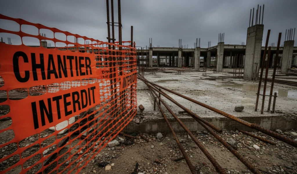 Grillage orange marqué Chantier interdit devant une structure en béton inachevée, hérissée de fers à béton, sous un ciel gris