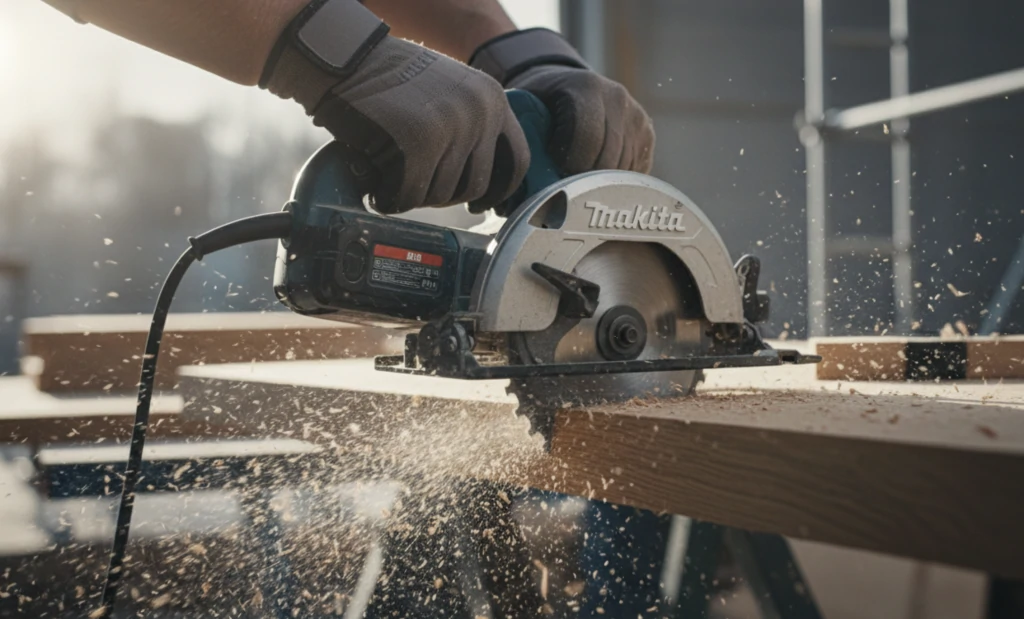 Mains gantées guidant une scie circulaire filaire Makita dans une planche de bois, projetant de la sciure sur un chantier