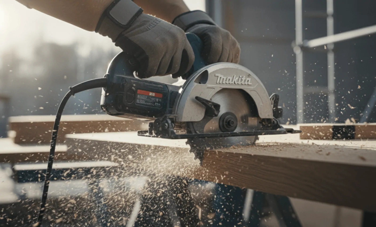 choisir-scie-circulaire-racetools-guide-pro Comment choisir une scie circulaire Racetools : un artisan coupe une planche de bois avec un outil professionnel.