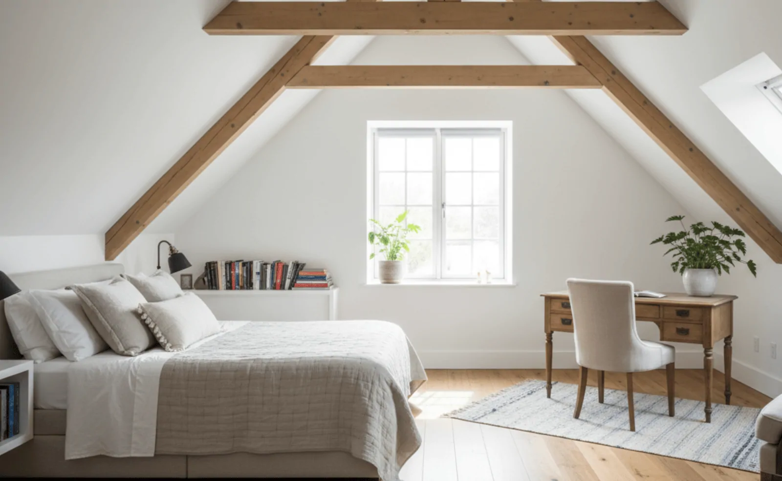 Chambre sous combles aux poutres apparentes, lit en lin gris, coin bureau en bois et fenêtre de toit lumineuse