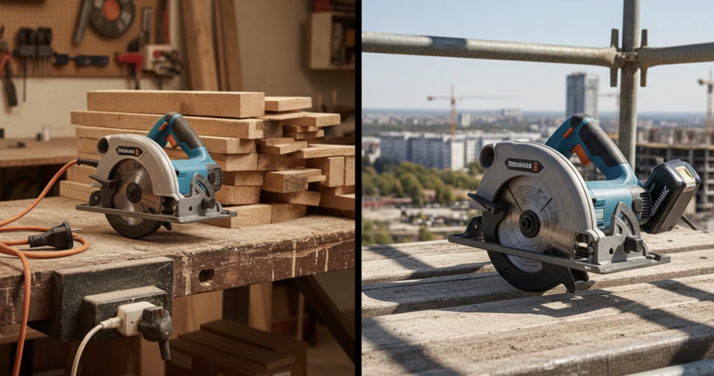 Comparaison entre une scie circulaire filaire pour l'atelier et une scie circulaire sur batterie pour les chantiers mobiles.