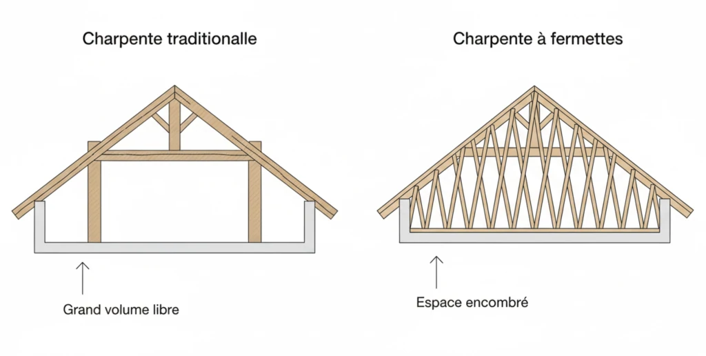 Schéma comparant une charpente traditionnelle au grand volume libre et une charpente à fermettes au volume encombré