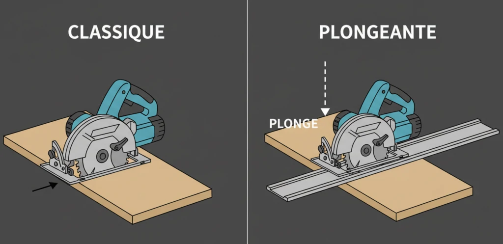 Infographie expliquant la différence d'action entre une scie circulaire classique et une scie plongeante.
