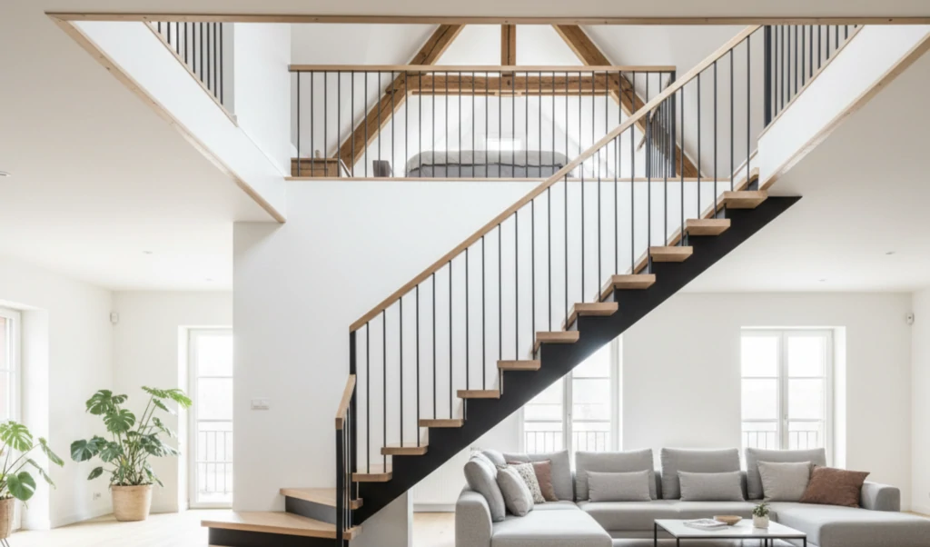 Escalier à limon en acier noir et marches en bois montant aux combles sous charpente apparente, au-dessus d'un salon gris