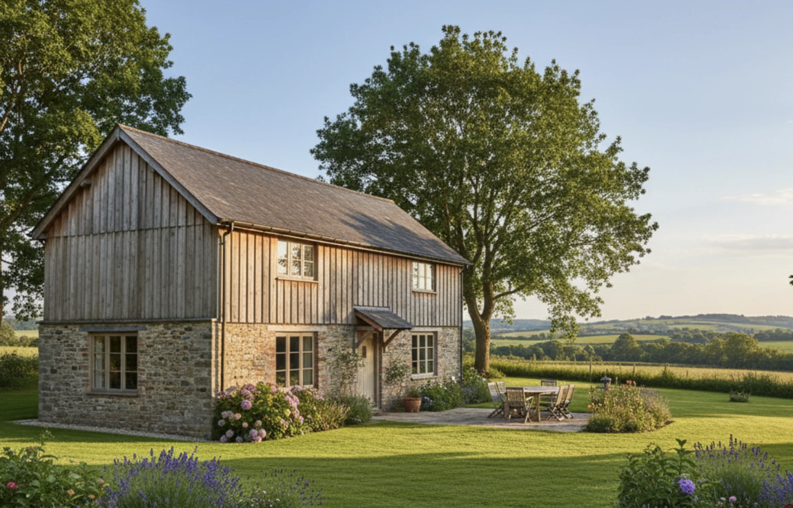 fosse septique par épandage Maison de campagne en pierre et bardage bois au milieu d'une vaste pelouse, avec terrasse et grand arbre