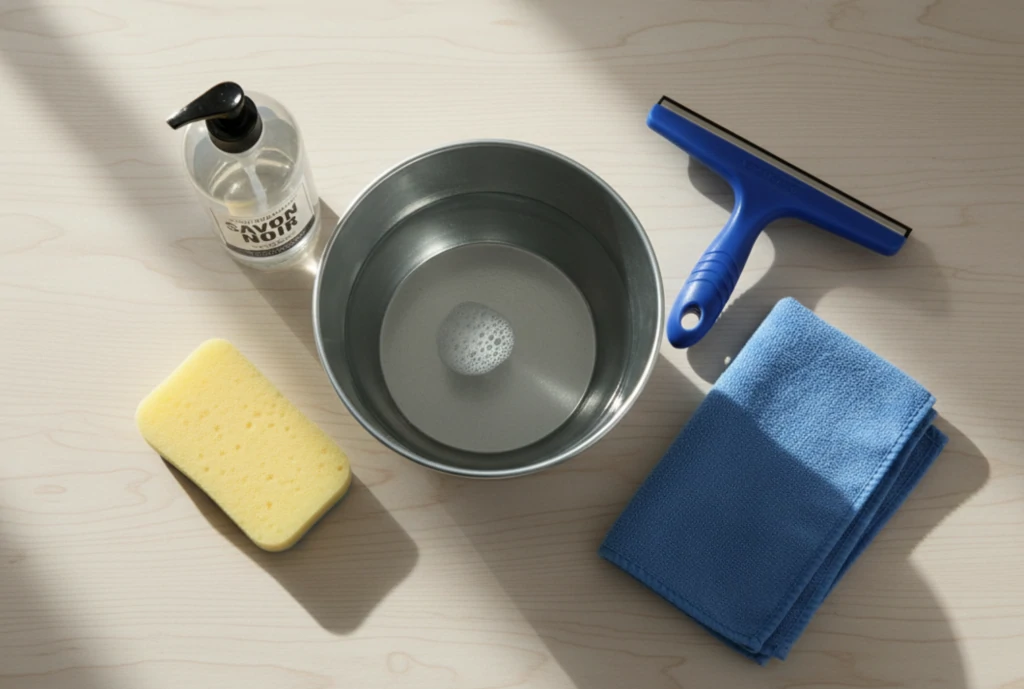 Matériel pour laver une fenêtre de toit : savon noir, bassine d'eau savonneuse, éponge, raclette et chiffon microfibre