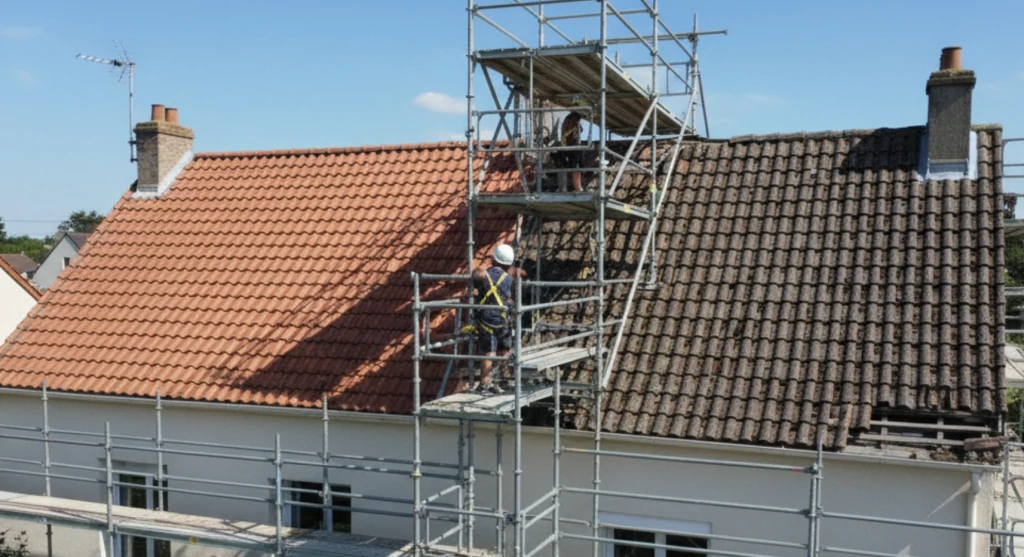 Un échafaudage installé sur la propriété d'un voisin pour permettre des travaux sur la toiture commune, illustrant la servitude de tour d'échelle.