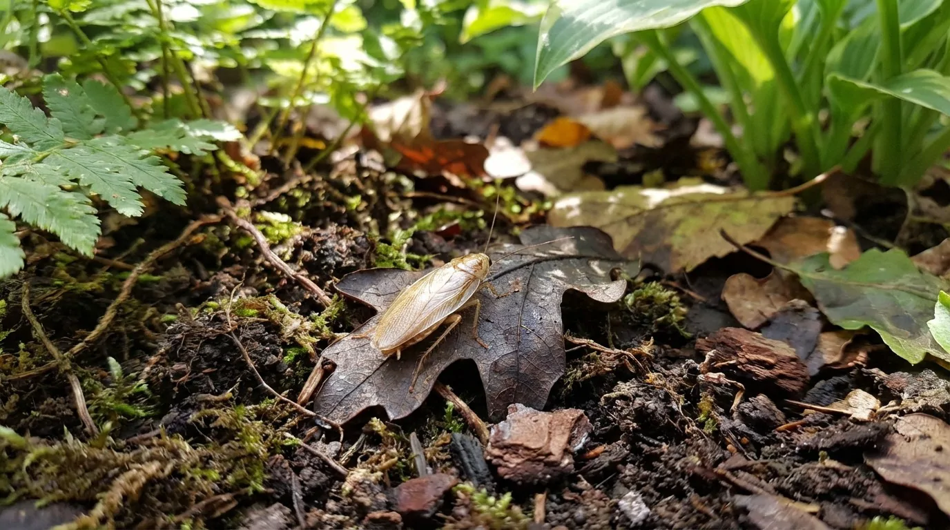 Cafard de jardin brun clair aux longues antennes posé sur une feuille de chêne sèche, entre mousse, humus et fougères