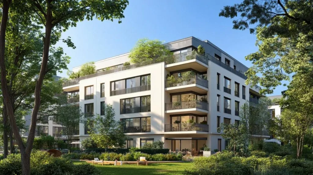 Immeuble neuf à façade blanche avec balcons vitrés et terrasses plantées en attique, au milieu d'un jardin arboré