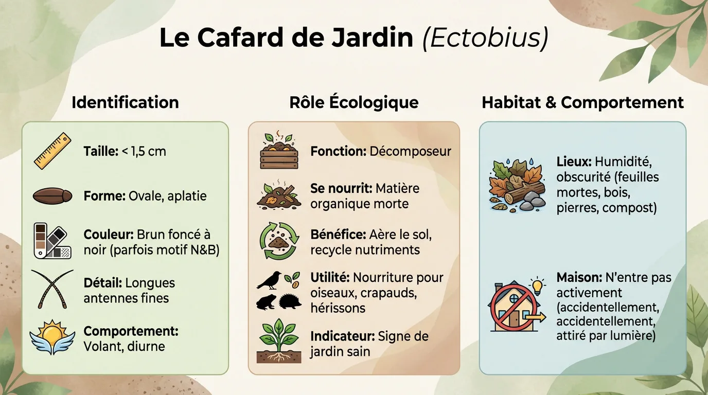 Infographie sur le cafard de jardin Ectobius : taille, couleur, rôle de décomposeur, habitat humide et entrées accidentelles