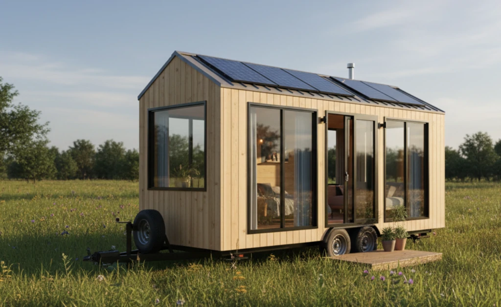 Tiny house en bois clair sur remorque à double essieu, panneaux solaires sur le toit et baies vitrées, posée dans un pré