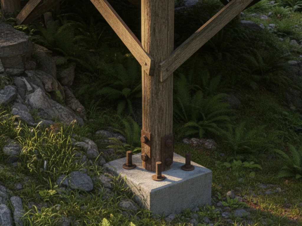 Poteau en bois d'un chalet sur pilotis fixé par une platine métallique boulonnée sur un plot en béton, parmi les fougères