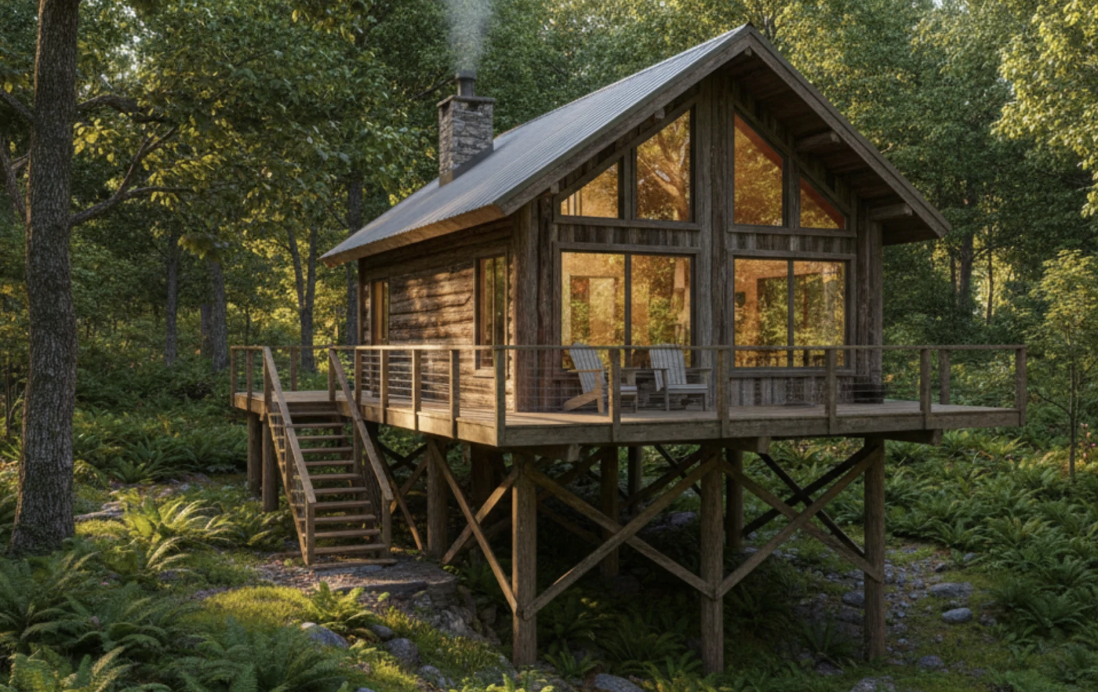 chalet-sur-pilotis-terrain-non-constructible-nature Chalet en bois sur pilotis avec terrasse, escalier extérieur et cheminée fumante, au milieu d'une forêt de fougères