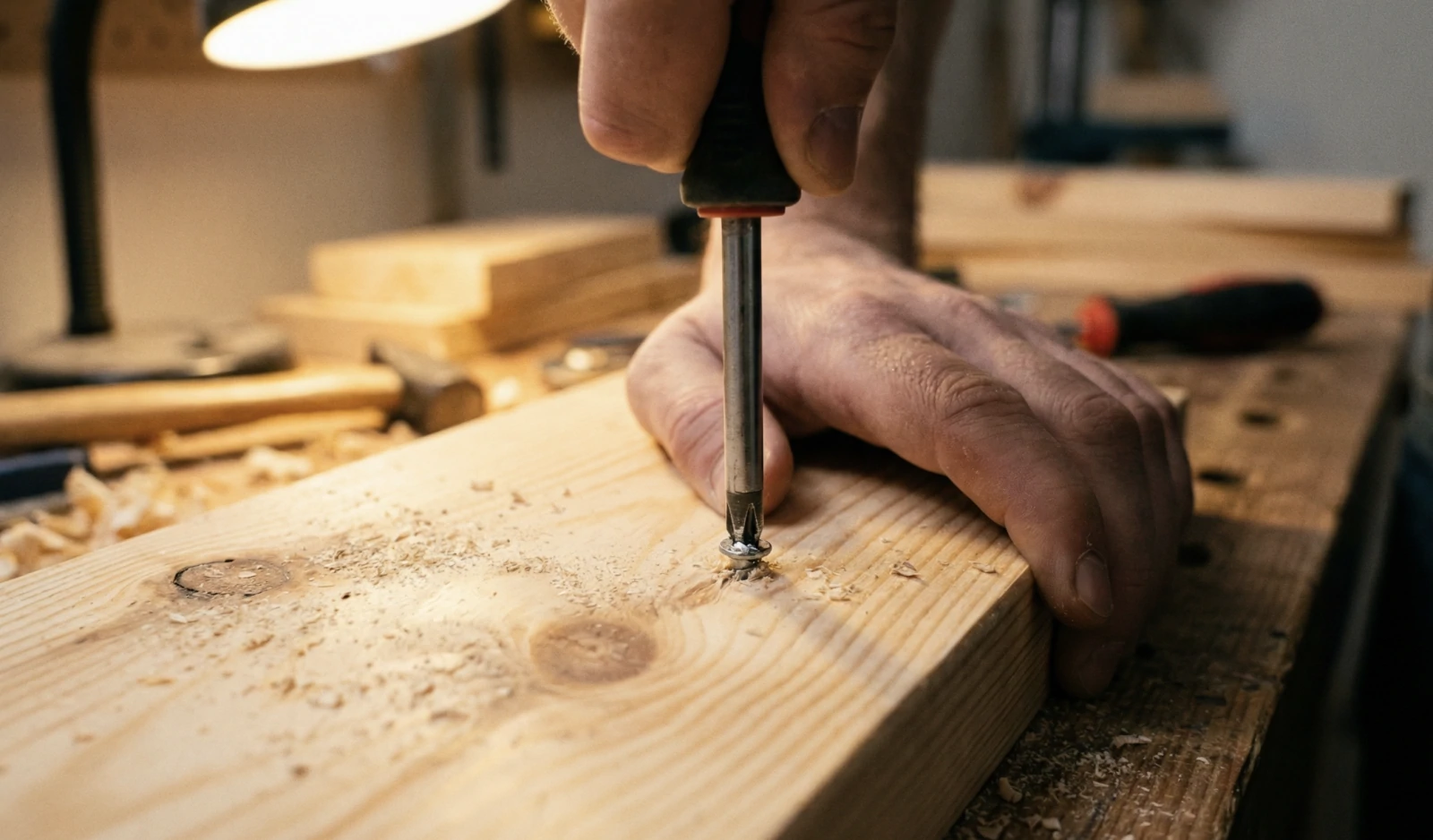 comment-serrer-vis-tourne-vide-bois-bricolage Main vissant une vis au tournevis dans une planche de bois sur un établi, sciure et copeaux autour du trou