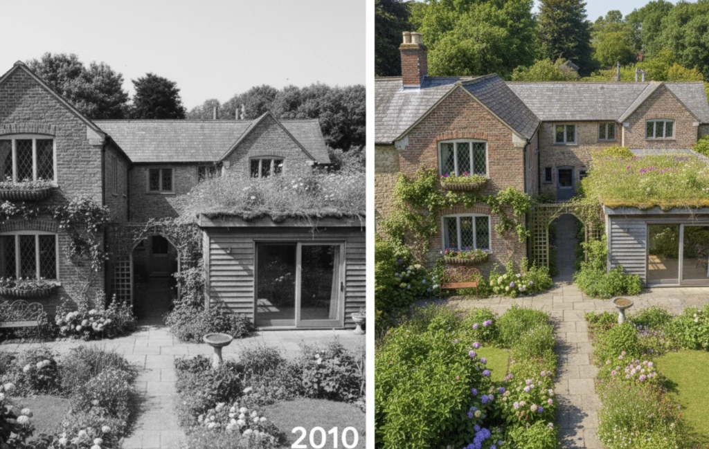 Comparaison de deux photos aériennes (ancienne et récente) prouvant l'existence d'une construction depuis plus de 10 ans.