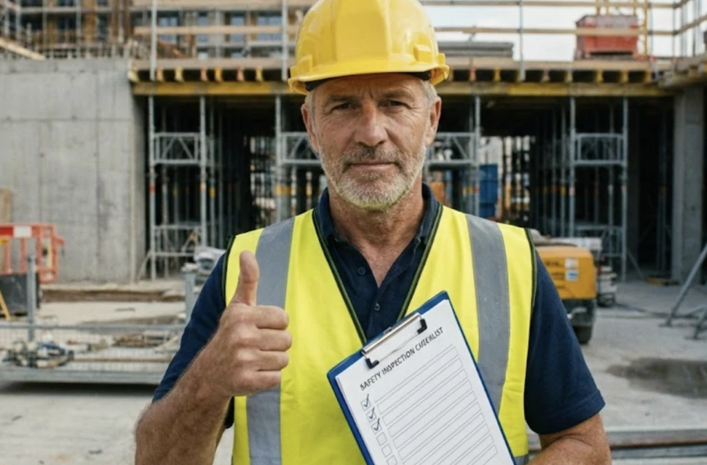 Ouvrier en casque jaune et gilet fluo levant le pouce, avec un porte-bloc de liste de contrôle cochée, sur un chantier béton