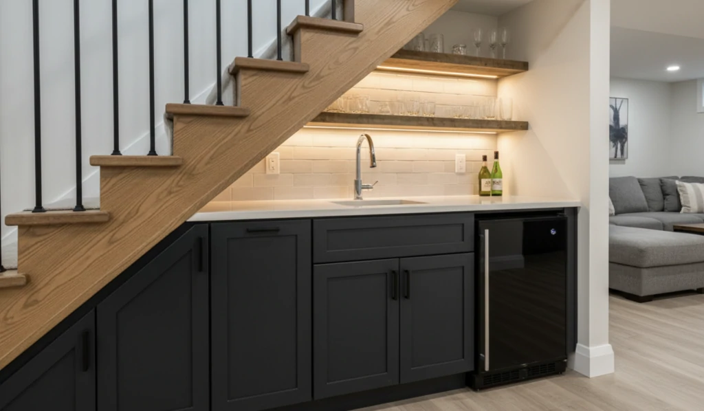 Aménagement d'un bar moderne avec évier sous la rampe d'escalier du sous-sol.