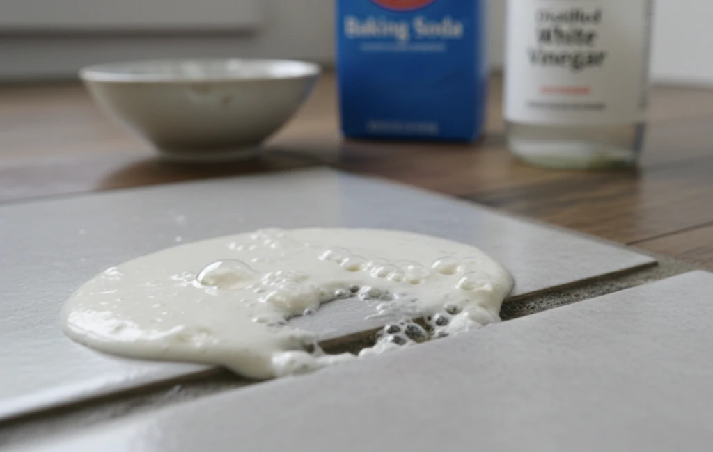 Pâte blanche effervescente sur un joint de carrelage, devant une boîte de bicarbonate et une bouteille de vinaigre blanc