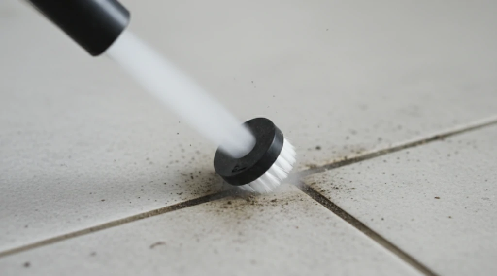 Embout brosse d'un nettoyeur vapeur soufflant un jet de vapeur sur un joint de carrelage encrassé, la saleté se détachant