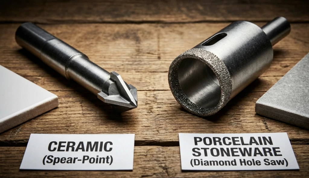 Comparaison entre un foret à pointe de lance pour faïence et un trépan diamant pour grès cérame.