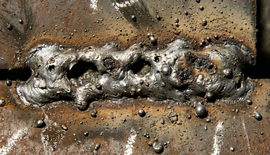 Exemple de cordon de soudure raté présentant des trous et de la porosité.