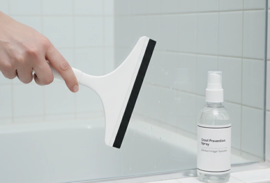 Main tenant une raclette blanche près d'une paroi de douche vitrée, à côté d'un vaporisateur de vinaigre dilué