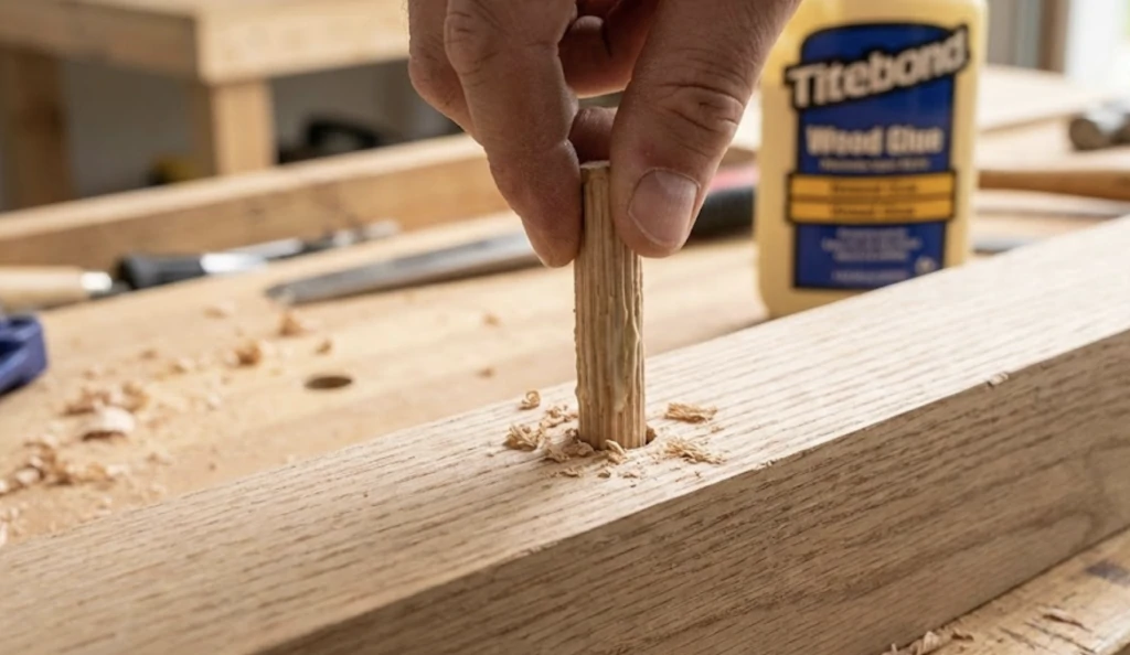 Main enfonçant un tourillon en bois dans un trou repercé d'une pièce de bois, flacon de colle à bois Titebond en arrière-plan