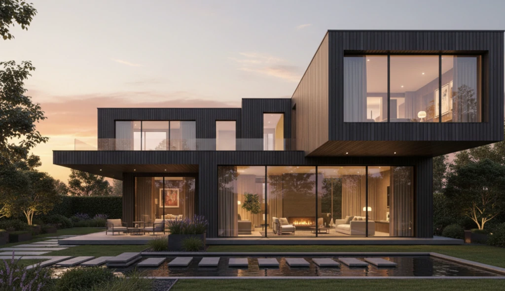 Maison contemporaine en volumes cubiques à bardage bois noir et grandes baies vitrées, bassin à pas japonais au crépuscule