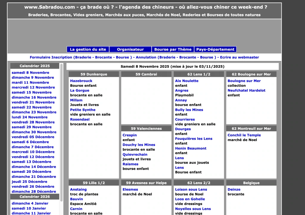 Page d'accueil du site Sabradou : agenda des braderies et bourses du week-end, classées par ville du Nord et du Pas-de-Calais