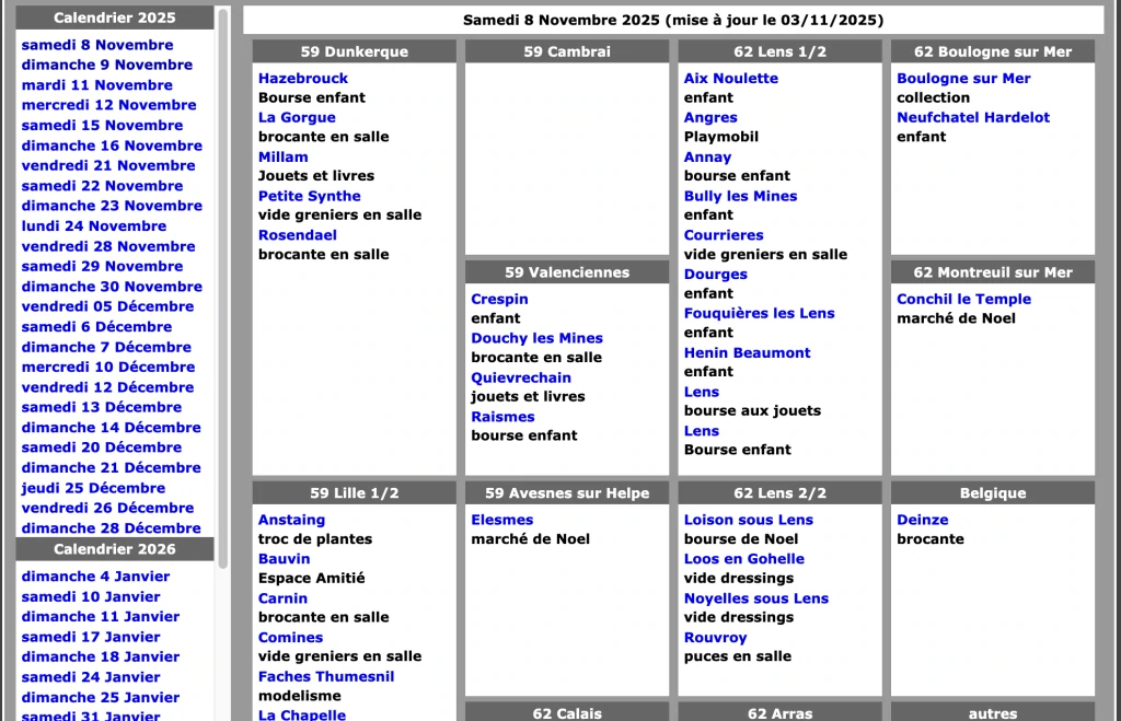 Agenda Sabradou du samedi 8 novembre 2025 : bourses enfants, brocantes en salle et marchés de Noël classés par secteur
