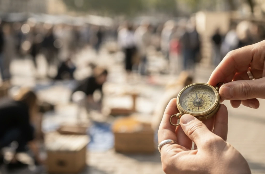 Mains tenant une boussole ancienne en laiton dénichée sur une brocante, chineurs flous à l'arrière-plan