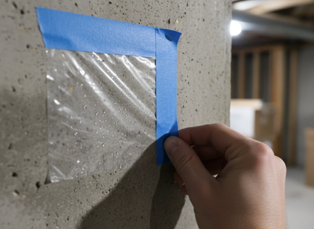 Test du carré de plastique scotché sur un mur en béton pour détecter l'humidité.